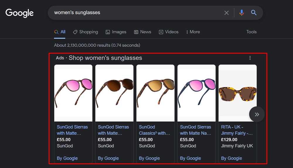 Sponsored results for women's sunglasses on Google SERP