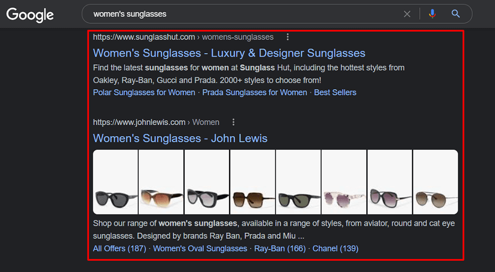 Organic search results for women's sunglasses