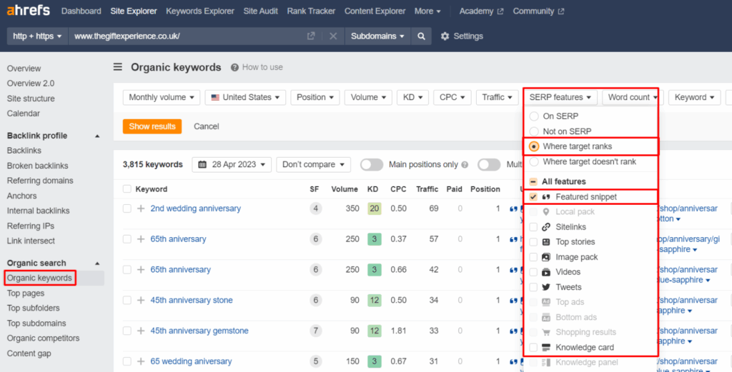 SERP features in Ahrefs keywords report