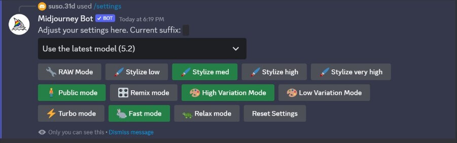 /settings command in Midjourney