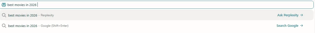 Perplexity Comet agentic browser allows choosing between Perplexity and Google for every search - screenshot
