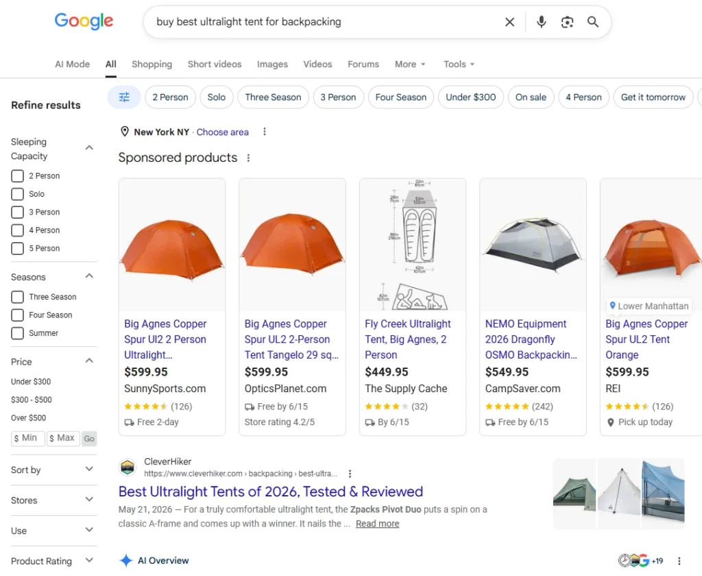 Commercial query SERP with filterable product grids sitting above organic results and AI Overview