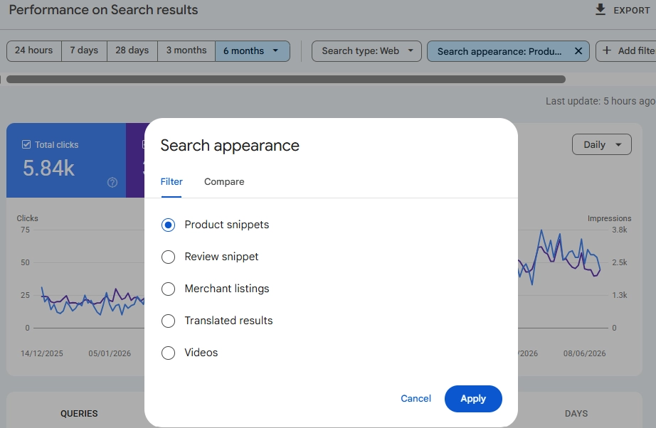 Filter Search Console Performance Report by Search Appearance