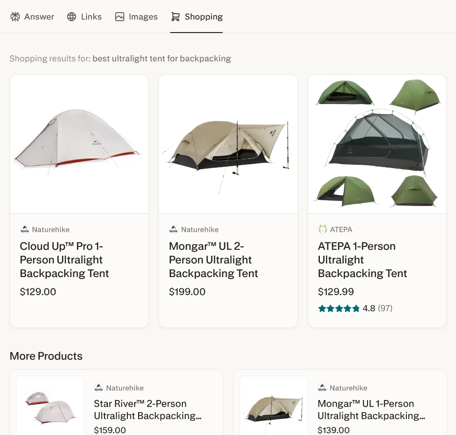 Perplexity Shopping results featuring a product grid