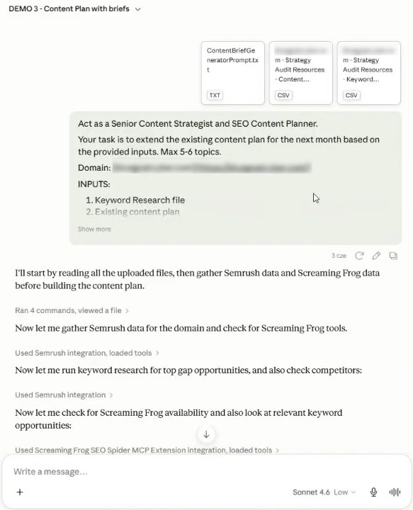 Creating a content plan with briefs in Claude using Semrush and Screaming Frog MCPs